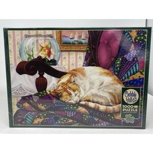 Cobble Hill Sweet Dreams Jigsaw Puzzle 1000 pc Cat Sleeping & Goldfish Quilt